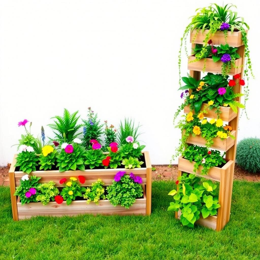 A beautifully designed garden layout featuring a horizontal planter with 6 plant boxes arranged in a neat row