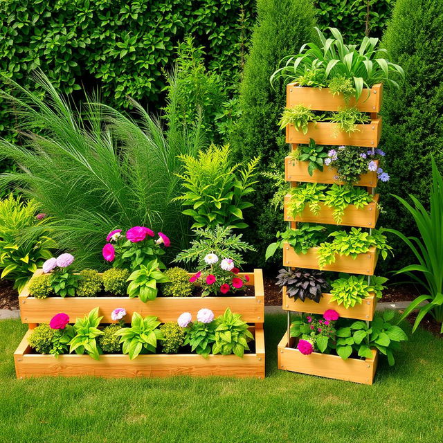 A beautifully designed garden layout featuring a horizontal planter with 6 plant boxes arranged in a neat row