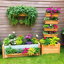 A beautifully designed garden layout featuring a horizontal planter with 6 plant boxes arranged in a neat row