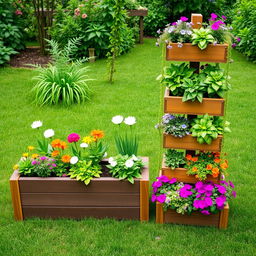 A beautifully designed garden layout featuring a horizontal planter with 6 plant boxes arranged in a neat row