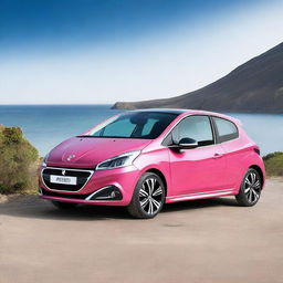 A high-quality photograph featuring a pink Peugeot 208 parked by the sea