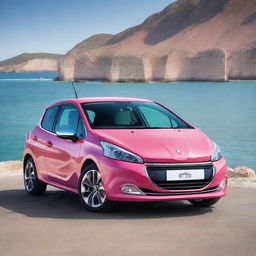 A high-quality photograph featuring a pink Peugeot 208 parked by the sea