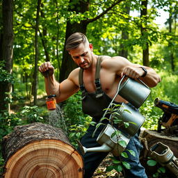 A strong man in a rugged outdoor setting, expertly cutting down a tree with a chainsaw in one hand while using a watering can in the other hand to water a small tree sapling