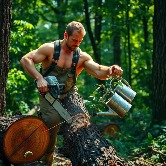 A strong man in a rugged outdoor setting, expertly cutting down a tree with a chainsaw in one hand while using a watering can in the other hand to water a small tree sapling