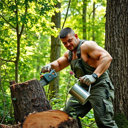 A strong man in a rugged outdoor setting, expertly cutting down a tree with a chainsaw in one hand while using a watering can in the other hand to water a small tree sapling