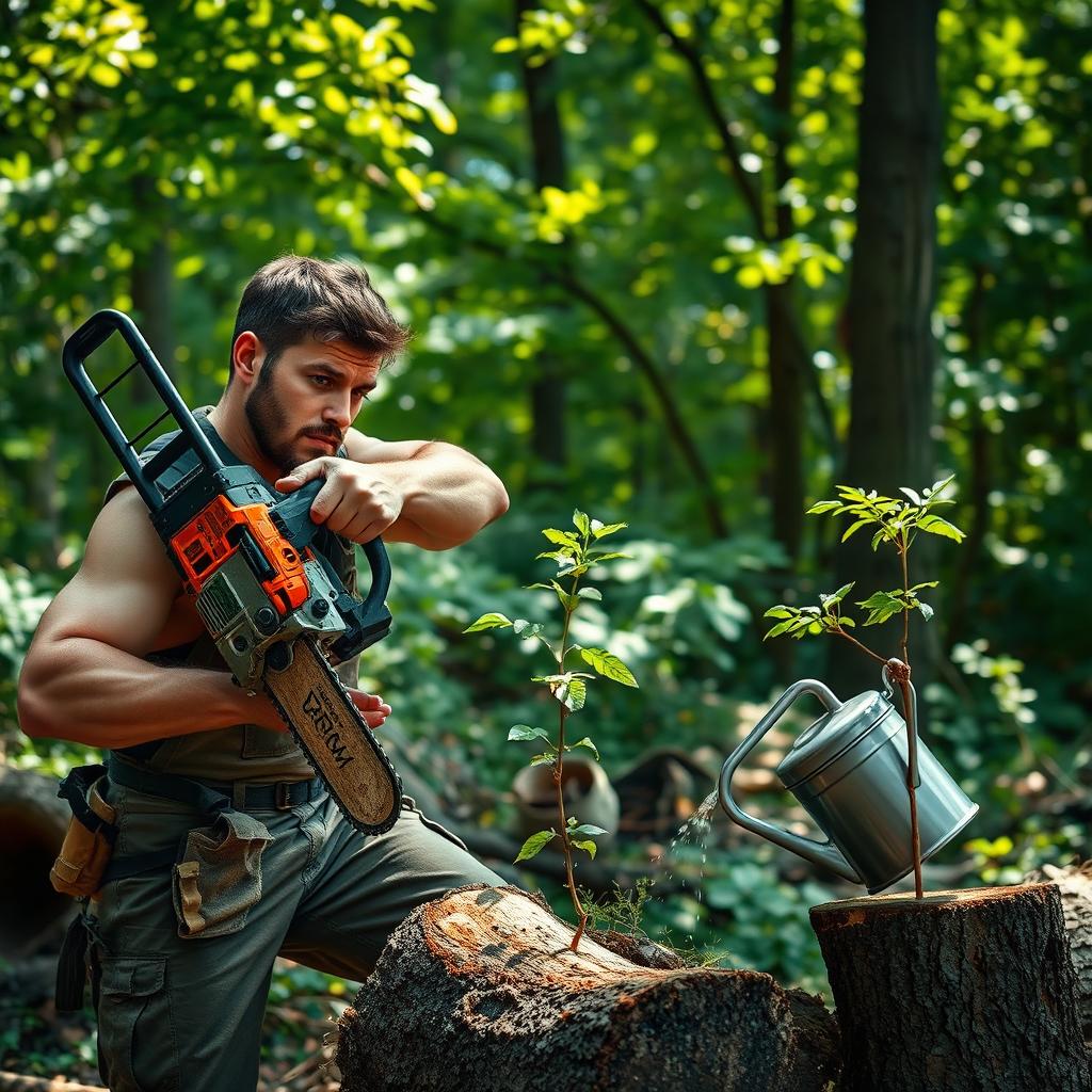 A strong man in a rugged outdoor setting, expertly cutting down a tree with a chainsaw in one hand while using a watering can in the other hand to water a small tree sapling