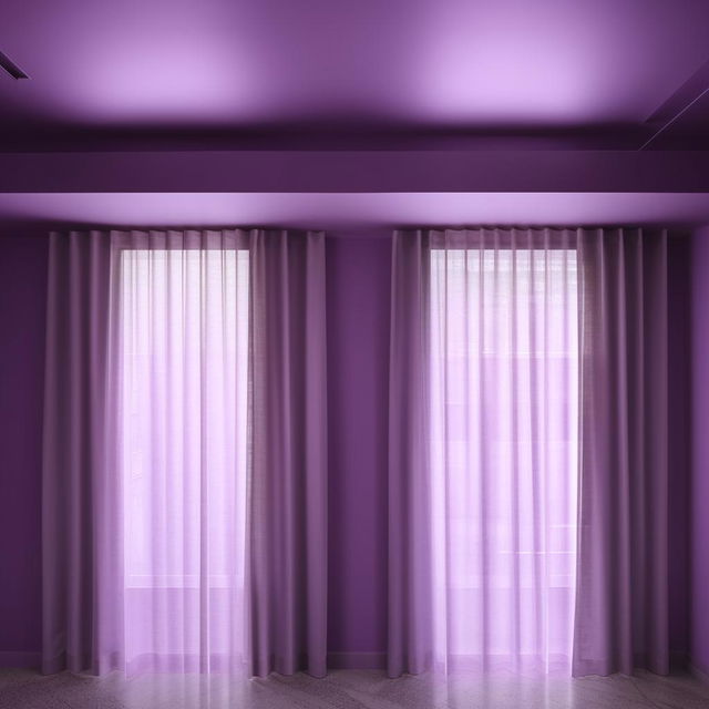 A minimal yet aesthetically pleasing room with purple walls. The room features two sets of windows on adjacent sides, each draped with soft, flowing curtains letting in abundant natural light.