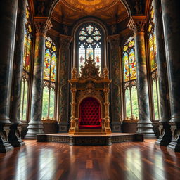 A majestic royal throne room filled with intricate details, featuring a grand, ornate throne at the center, embellished with golden accents and deep red velvet cushions