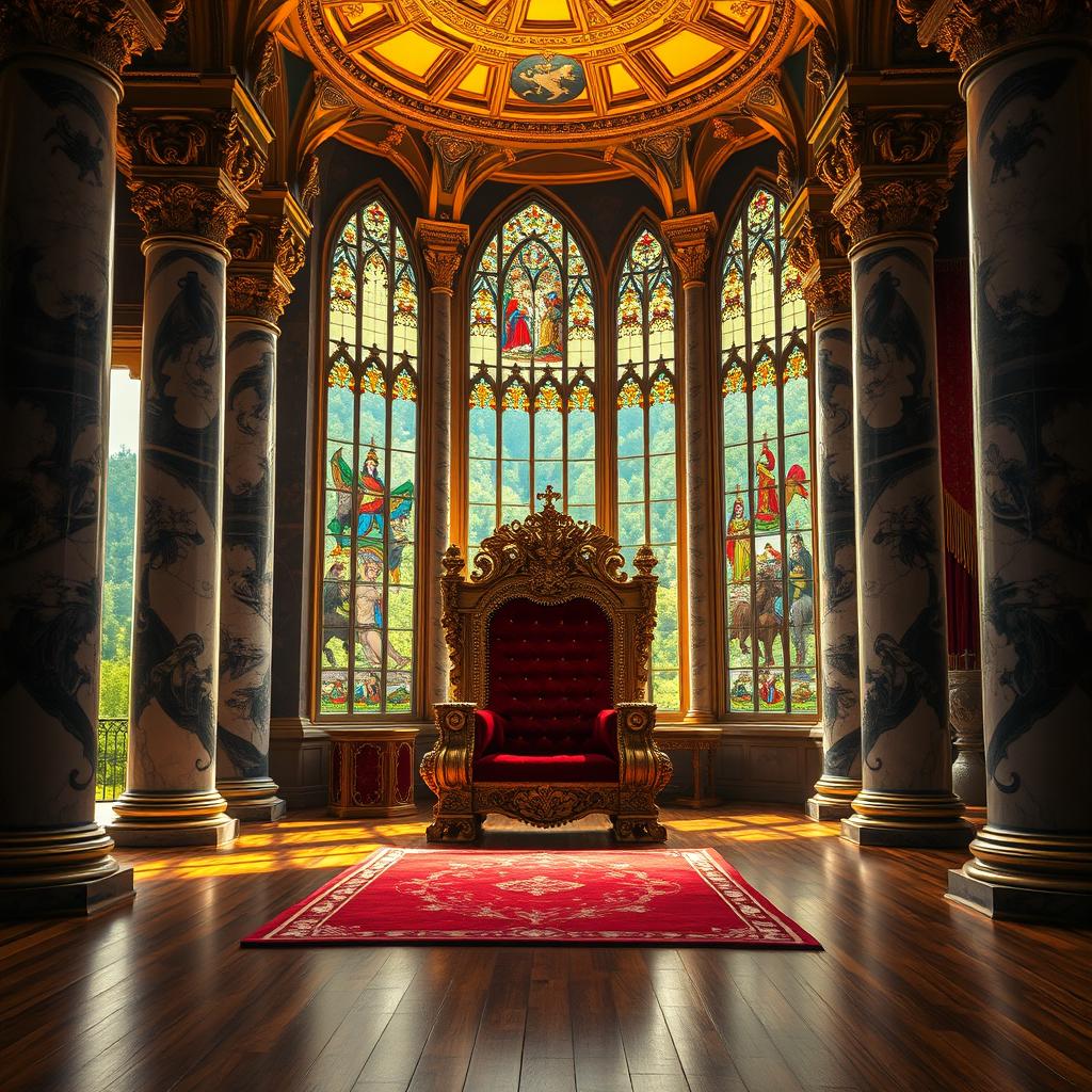 A majestic royal throne room filled with intricate details, featuring a grand, ornate throne at the center, embellished with golden accents and deep red velvet cushions