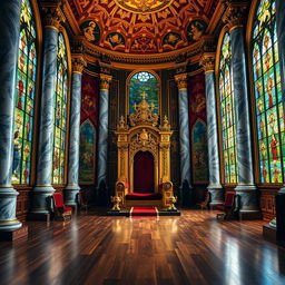 A majestic royal throne room filled with intricate details, featuring a grand, ornate throne at the center, embellished with golden accents and deep red velvet cushions