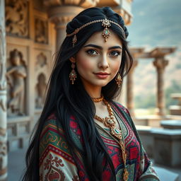 A portrait of a beautiful Parthian Iranian girl, dressed in traditional attire featuring intricate patterns and vibrant colors
