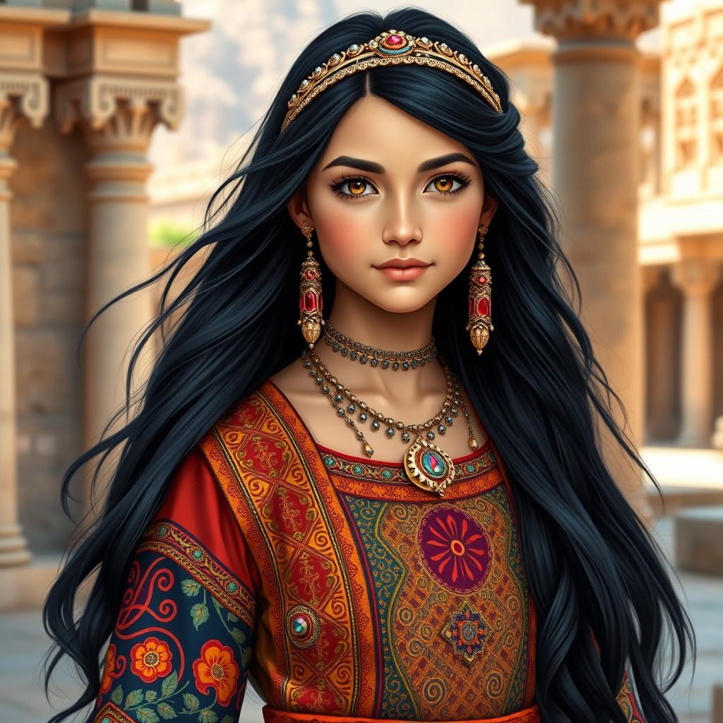 A portrait of a beautiful Parthian Iranian girl, dressed in traditional attire featuring intricate patterns and vibrant colors