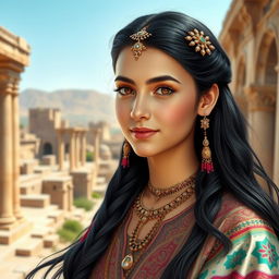 A portrait of a beautiful Parthian Iranian girl, dressed in traditional attire featuring intricate patterns and vibrant colors