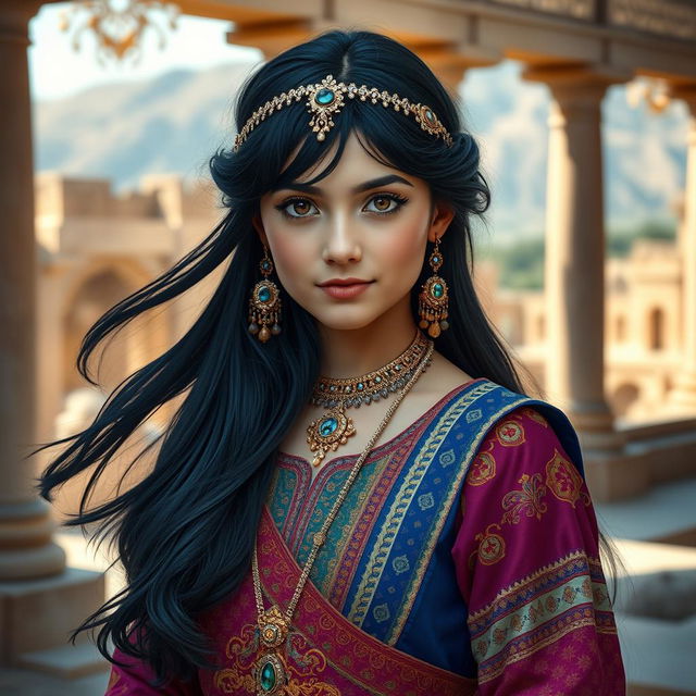 A portrait of a beautiful Parthian Iranian girl, dressed in traditional attire featuring intricate patterns and vibrant colors