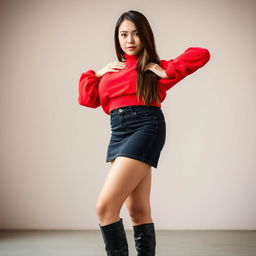 A young woman wearing a vibrant red sweatshirt paired with a stylish black denim short skirt, accentuating her youthful energy