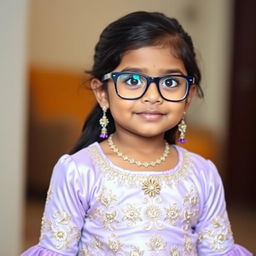 An Indian girl with long baby hair wearing stylish spectacles
