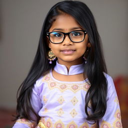 An Indian girl with long baby hair wearing stylish spectacles