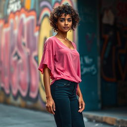 A 30-year-old woman, 170 cm tall, very slim, with curly hair and wheat-colored skin