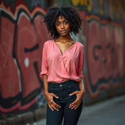 A 30-year-old woman, 170 cm tall, very slim, with curly hair and wheat-colored skin