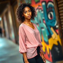 A 30-year-old woman, 170 cm tall, very slim, with curly hair and wheat-colored skin