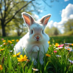 A cute and fluffy rabbit sitting in a lush green meadow during springtime