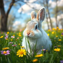 A cute and fluffy rabbit sitting in a lush green meadow during springtime