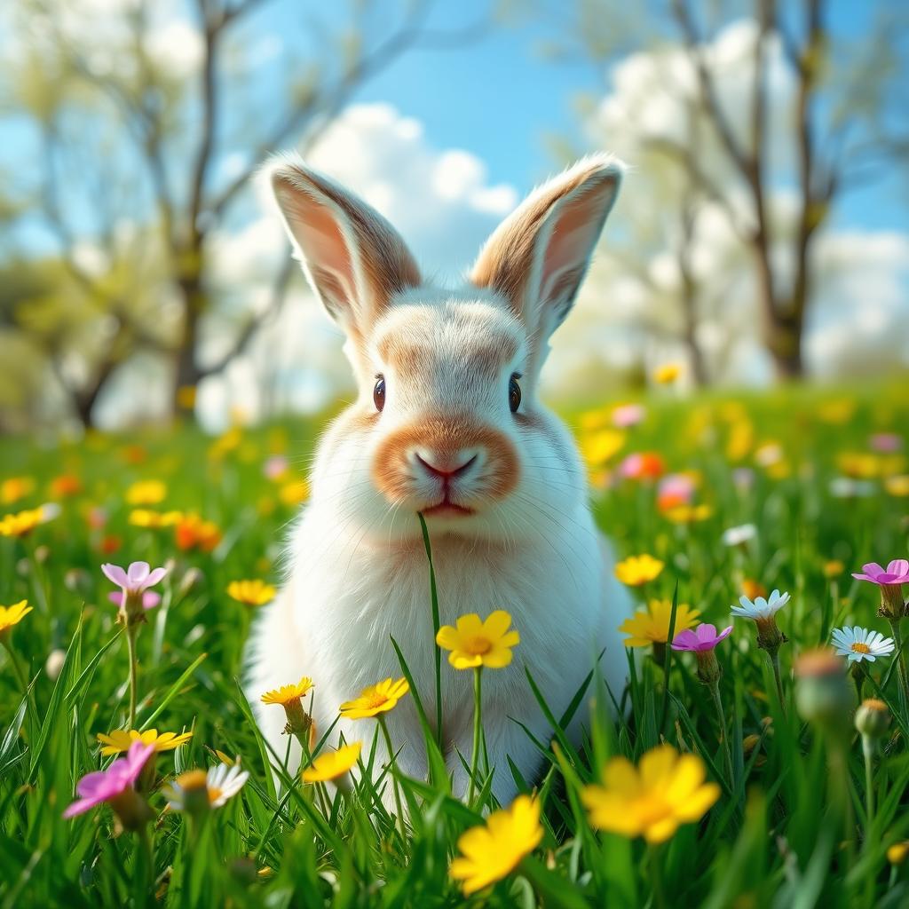 A cute and fluffy rabbit sitting in a lush green meadow during springtime