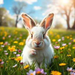 A cute and fluffy rabbit sitting in a lush green meadow during springtime