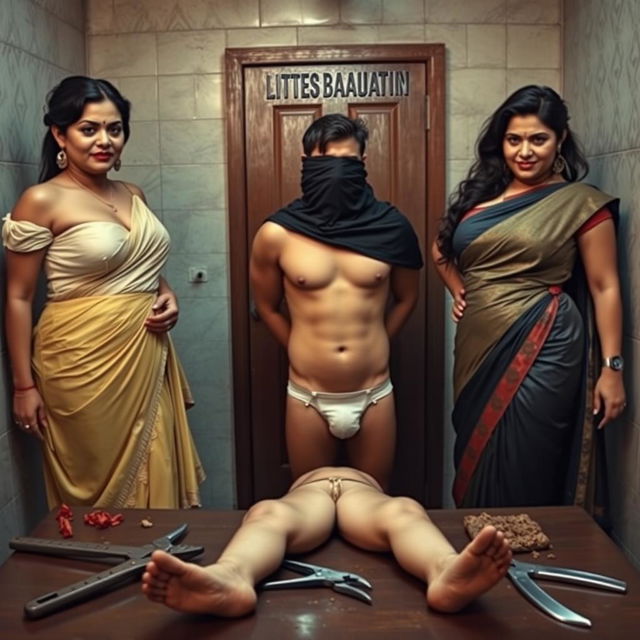 An interrogation room scene captures two enticing desi women, exuding allure and confidence