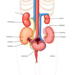 An educational illustration of the human excretory system, displaying clearly labeled organs such as the kidneys, ureters, bladder, and urethra