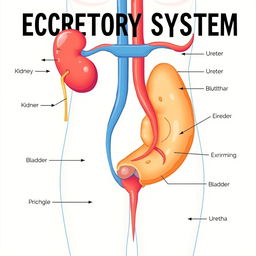 An educational illustration of the human excretory system, displaying clearly labeled organs such as the kidneys, ureters, bladder, and urethra