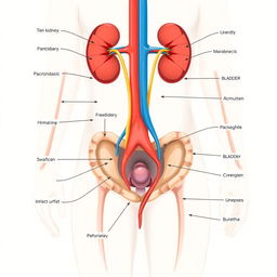 An educational illustration of the human excretory system, displaying clearly labeled organs such as the kidneys, ureters, bladder, and urethra