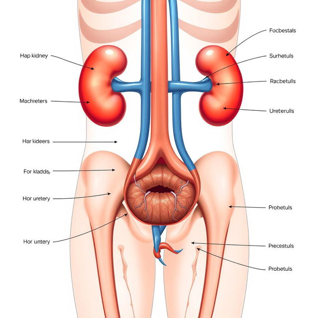 An educational illustration of the human excretory system, displaying clearly labeled organs such as the kidneys, ureters, bladder, and urethra