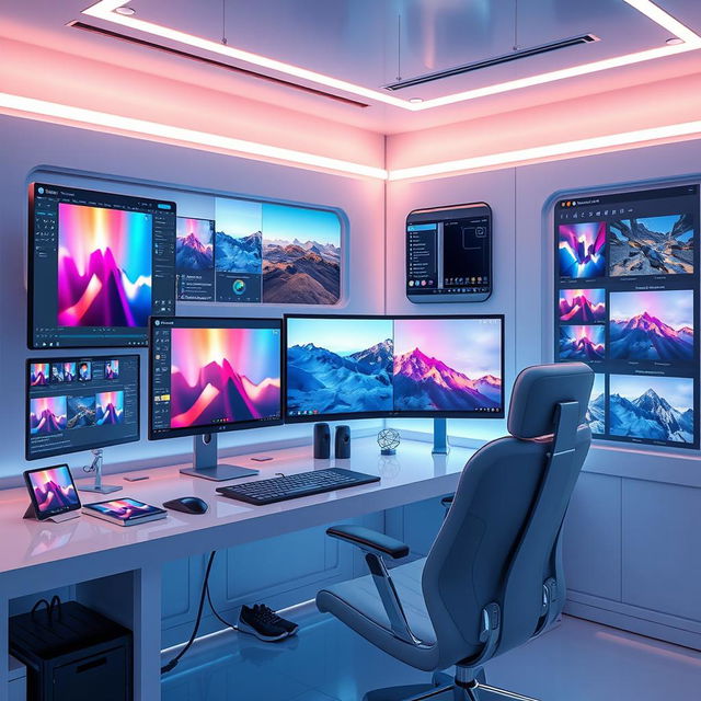 A futuristic 3D digital workspace showcasing advanced AI photo editing tools