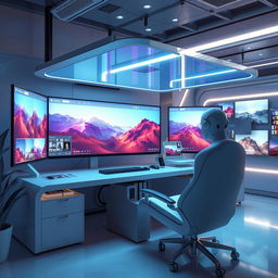 A futuristic 3D digital workspace showcasing advanced AI photo editing tools