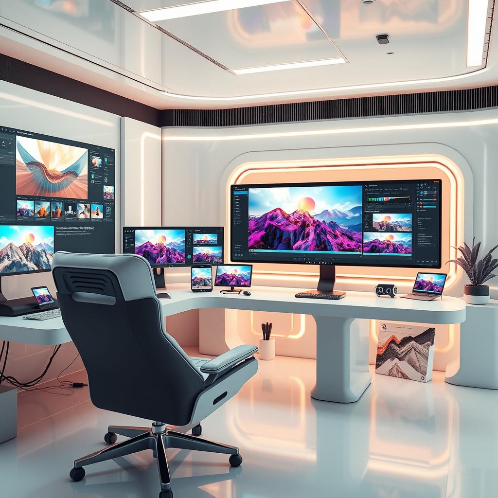 A futuristic 3D digital workspace showcasing advanced AI photo editing tools