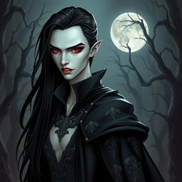 A captivating vampire character design for a gothic novel cover featuring a tall, slender figure with pale skin and striking red eyes