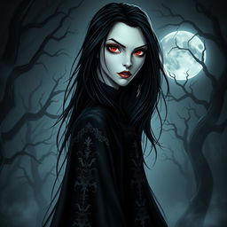 A captivating vampire character design for a gothic novel cover featuring a tall, slender figure with pale skin and striking red eyes