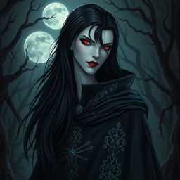 A captivating vampire character design for a gothic novel cover featuring a tall, slender figure with pale skin and striking red eyes