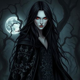 A captivating vampire character design for a gothic novel cover featuring a tall, slender figure with pale skin and striking red eyes