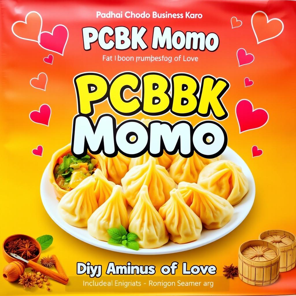 A vibrant and eye-catching poster that promotes 'PCBK Momo' (Padhai Chhodo Business Karo) featuring delicious and visually appealing momos
