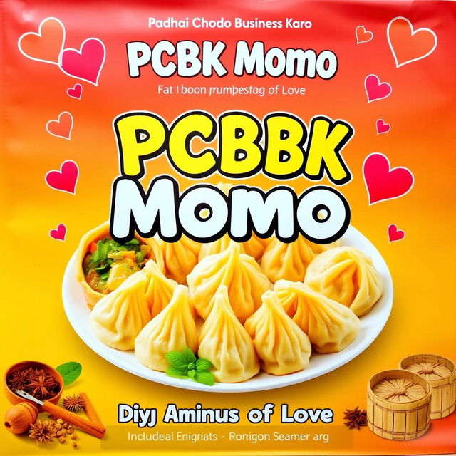 A vibrant and eye-catching poster that promotes 'PCBK Momo' (Padhai Chhodo Business Karo) featuring delicious and visually appealing momos