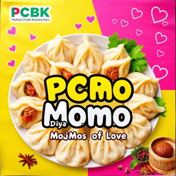 A vibrant and eye-catching poster that promotes 'PCBK Momo' (Padhai Chhodo Business Karo) featuring delicious and visually appealing momos