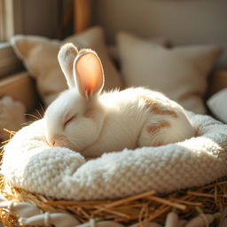 A cute rabbit sleeping peacefully in a cozy, soft bed made of hay and plush cushions, its fluffy fur gently rising and falling as it breathes