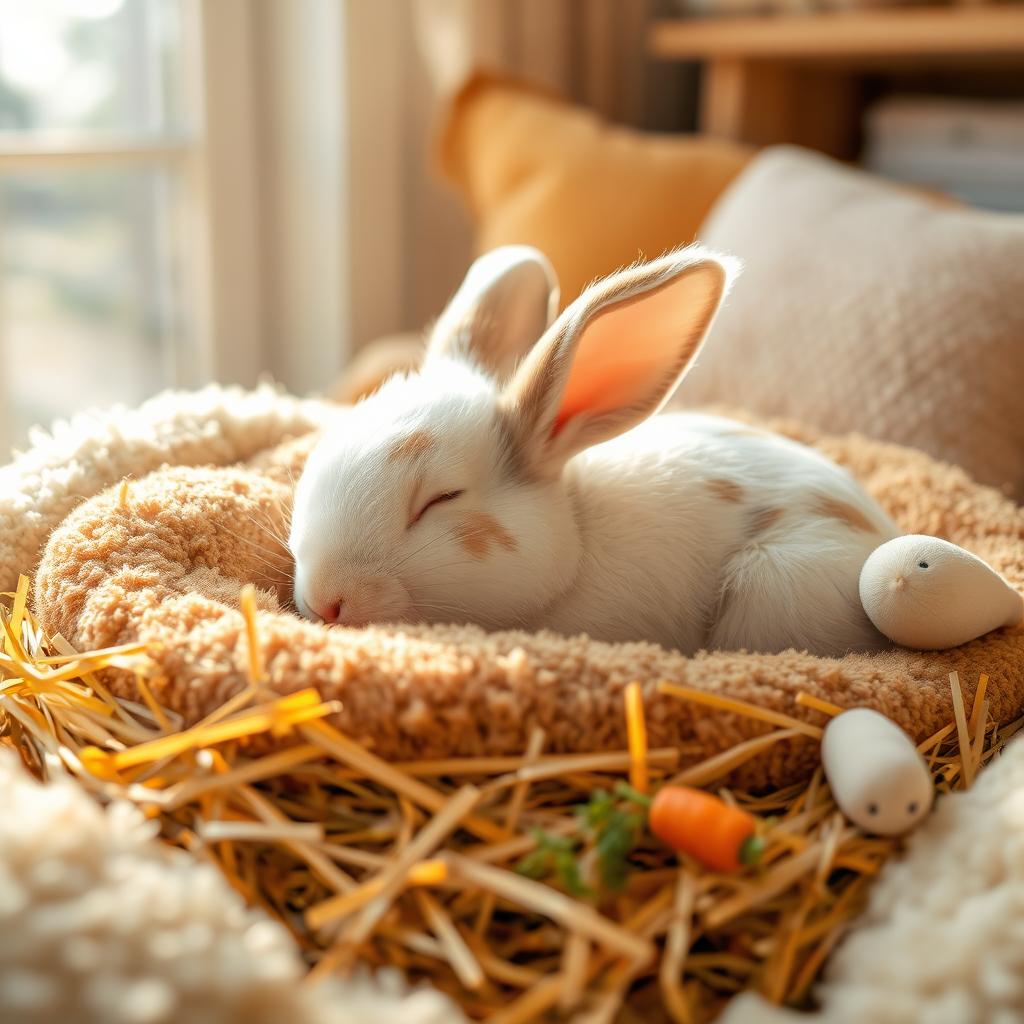 A cute rabbit sleeping peacefully in a cozy, soft bed made of hay and plush cushions, its fluffy fur gently rising and falling as it breathes