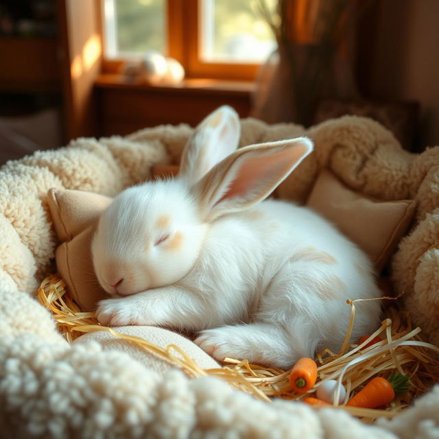 A cute rabbit sleeping peacefully in a cozy, soft bed made of hay and plush cushions, its fluffy fur gently rising and falling as it breathes