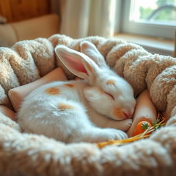 A cute rabbit sleeping peacefully in a cozy, soft bed made of hay and plush cushions, its fluffy fur gently rising and falling as it breathes