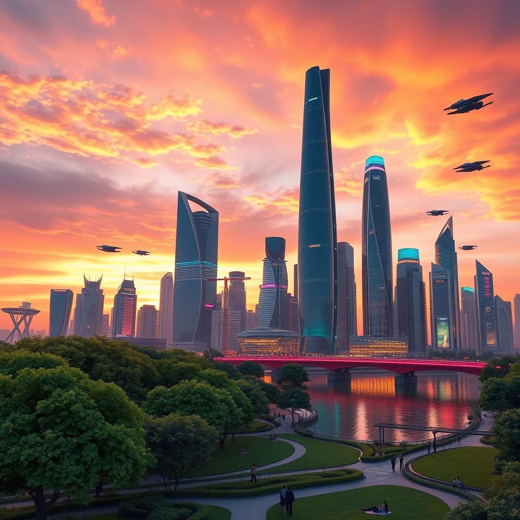 A stunning 3D rendered image featuring a futuristic city skyline at sunset, with towering skyscrapers and vibrant neon lights reflecting on a calm river