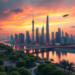 A stunning 3D rendered image featuring a futuristic city skyline at sunset, with towering skyscrapers and vibrant neon lights reflecting on a calm river