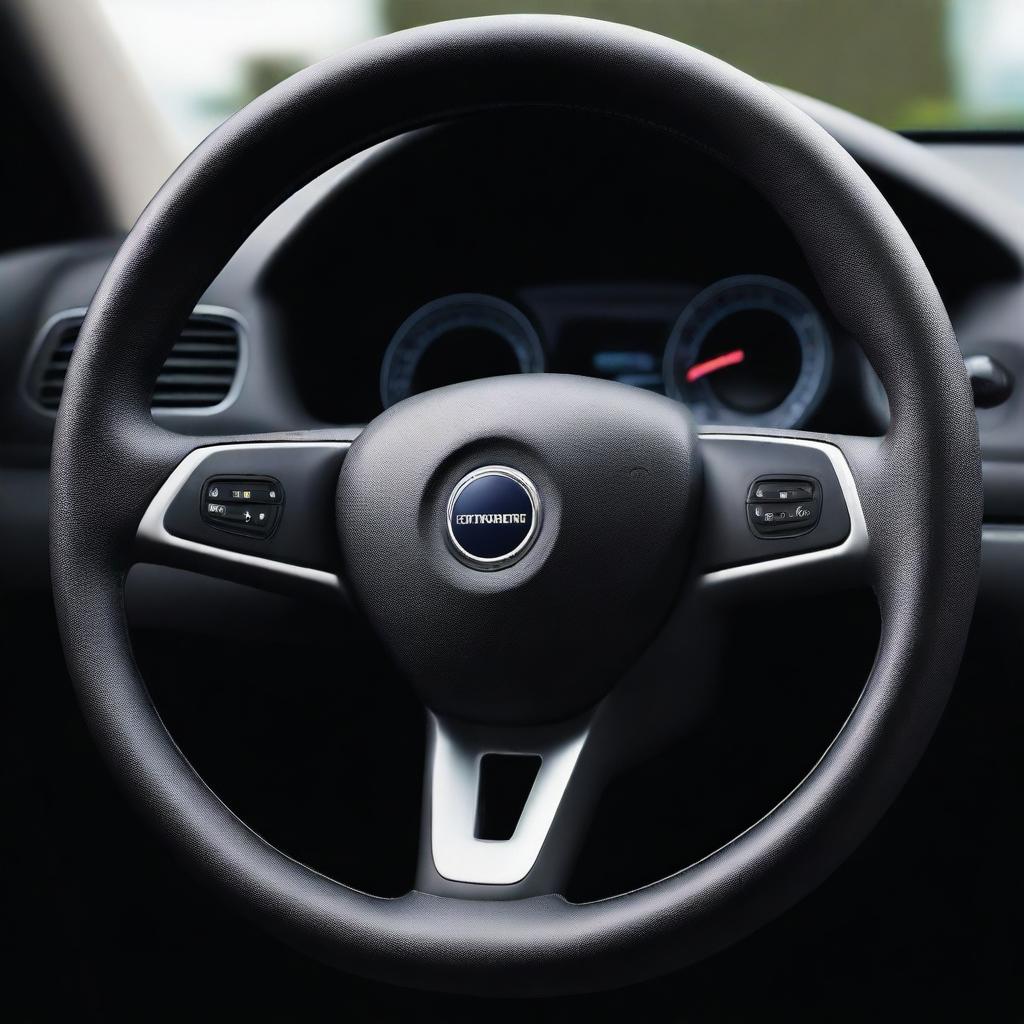 A high-resolution photograph of a modern car's steering wheel